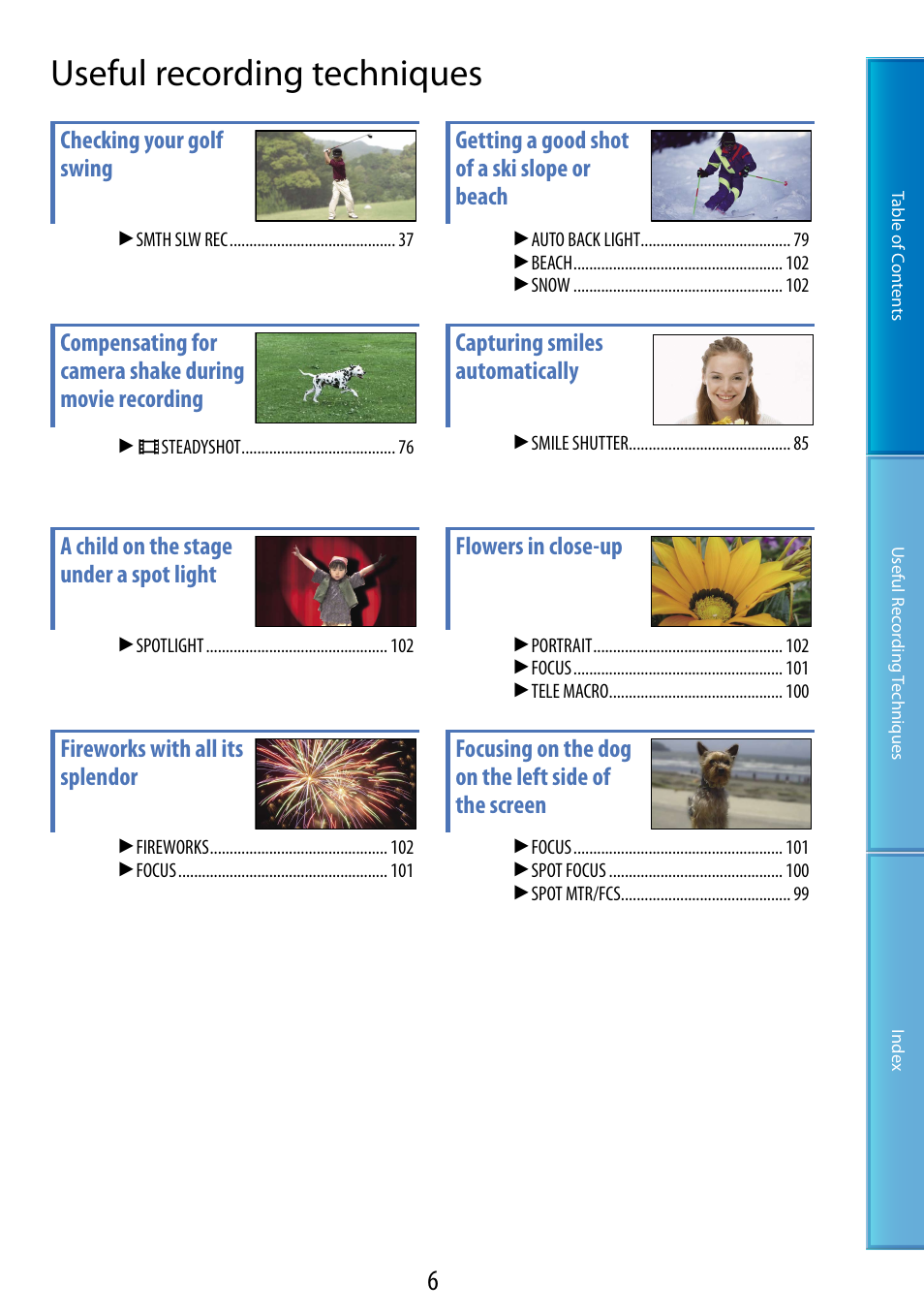 Useful recording techniques | Sony XR200VE User Manual | Page 6 / 134