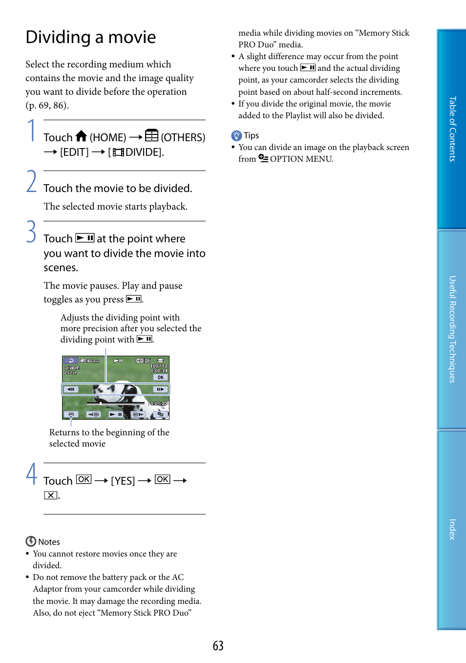 Dividing a movie | Sony XR200VE User Manual | Page 63 / 134