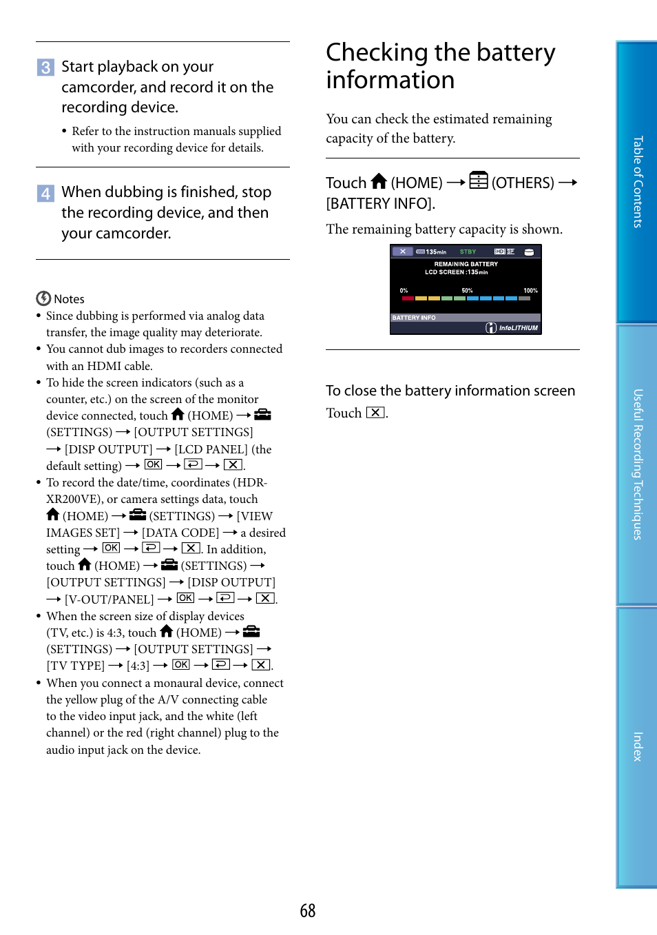 Checking the battery information, Touch (home)  (others)  [battery info | Sony XR200VE User Manual | Page 68 / 134