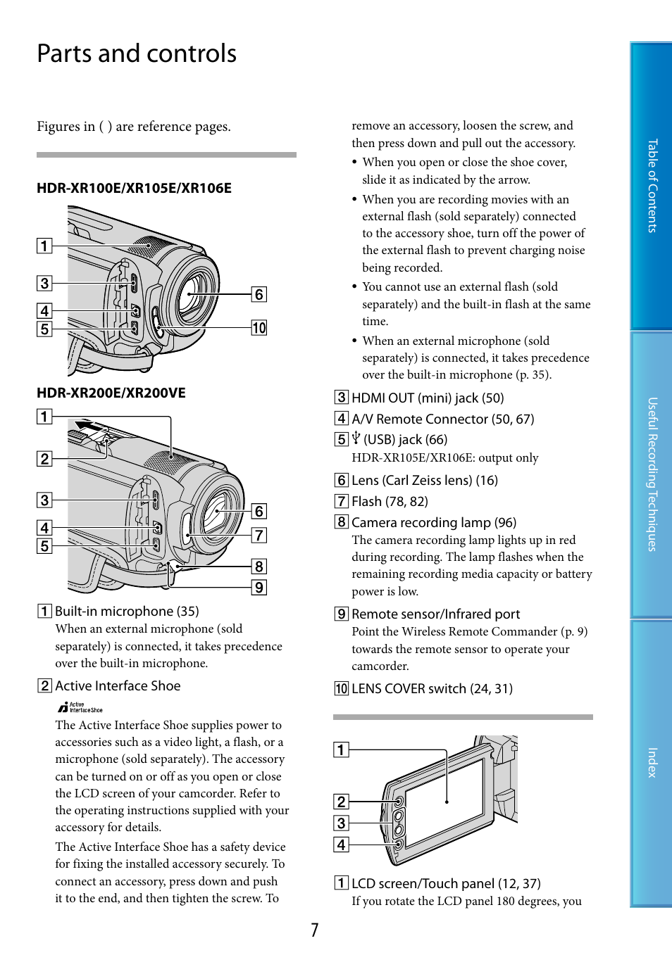 Parts and controls | Sony XR200VE User Manual | Page 7 / 134