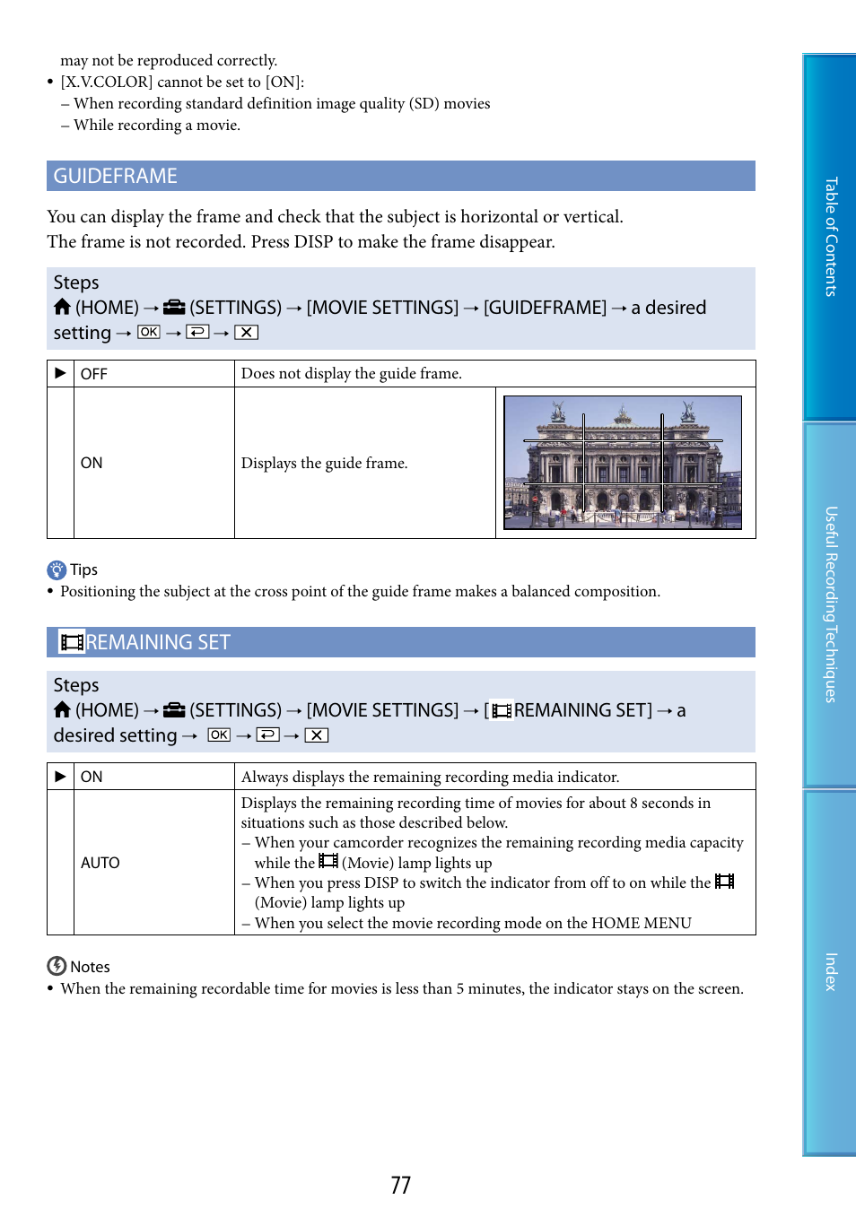 Guideframe, Remaining set, Steps (home) | Settings), Movie settings, A desired setting, Adesired setting | Sony XR200VE User Manual | Page 77 / 134