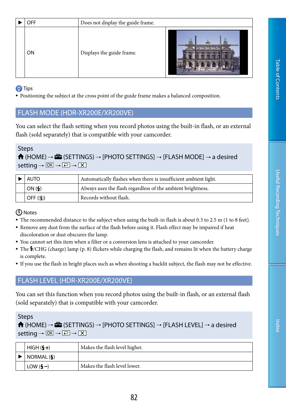 Steps (home), Settings), Photo settings | Flash mode, A desired setting, Flash level | Sony XR200VE User Manual | Page 82 / 134