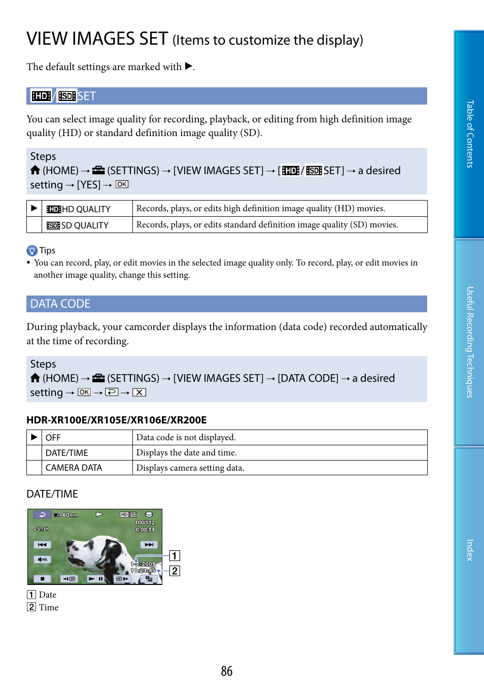 View images set (items to customize the display), View images set, Items to customize the display) | Data code | Sony XR200VE User Manual | Page 86 / 134