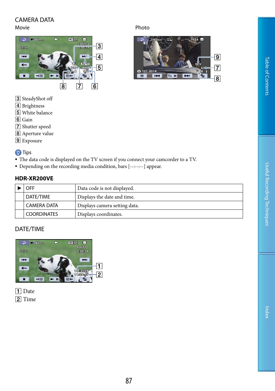 Camera data, Date/time | Sony XR200VE User Manual | Page 87 / 134