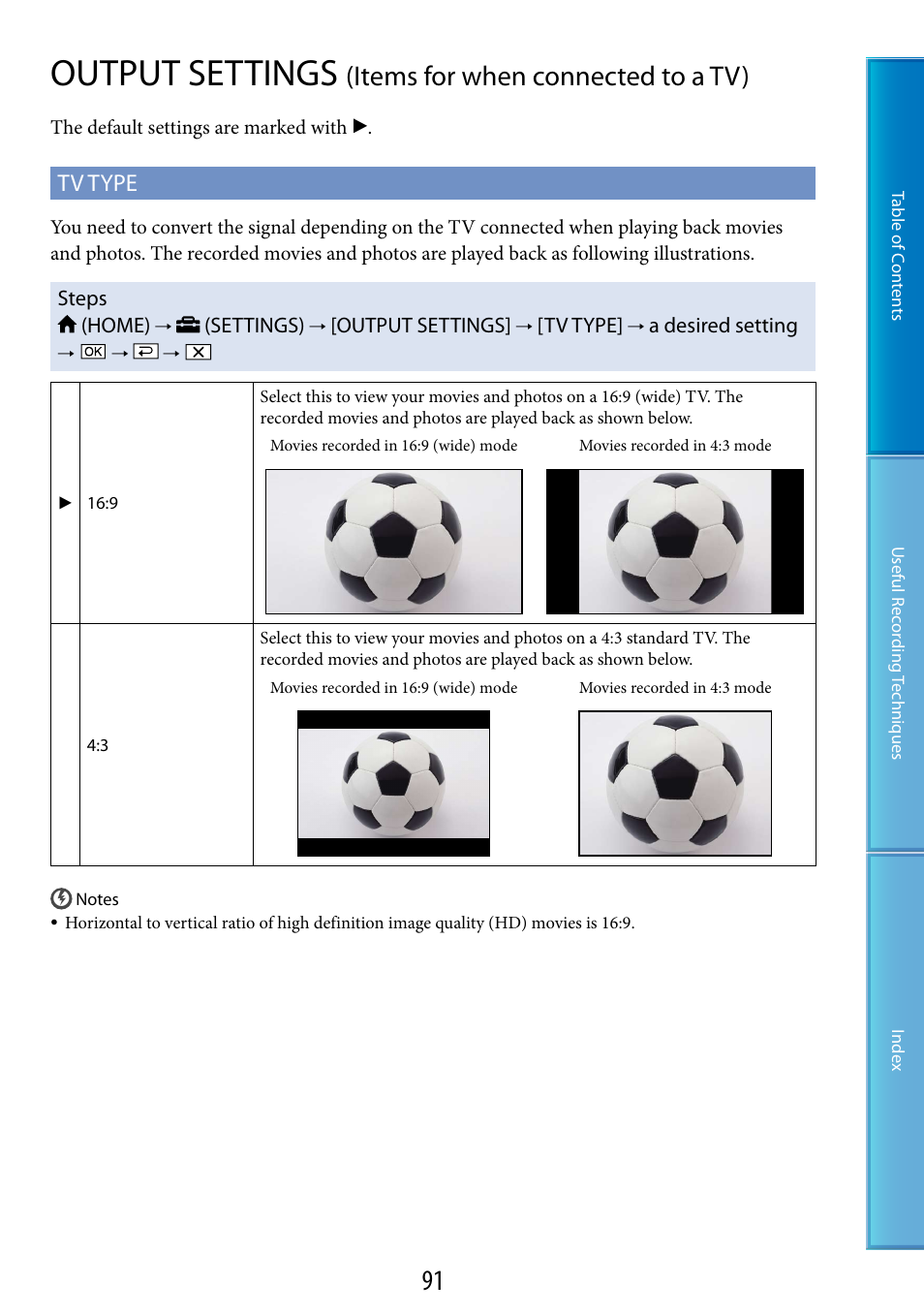 Output settings (items for when connected to a tv), Output settings, Items for when connected to a tv) | Tv type | Sony XR200VE User Manual | Page 91 / 134