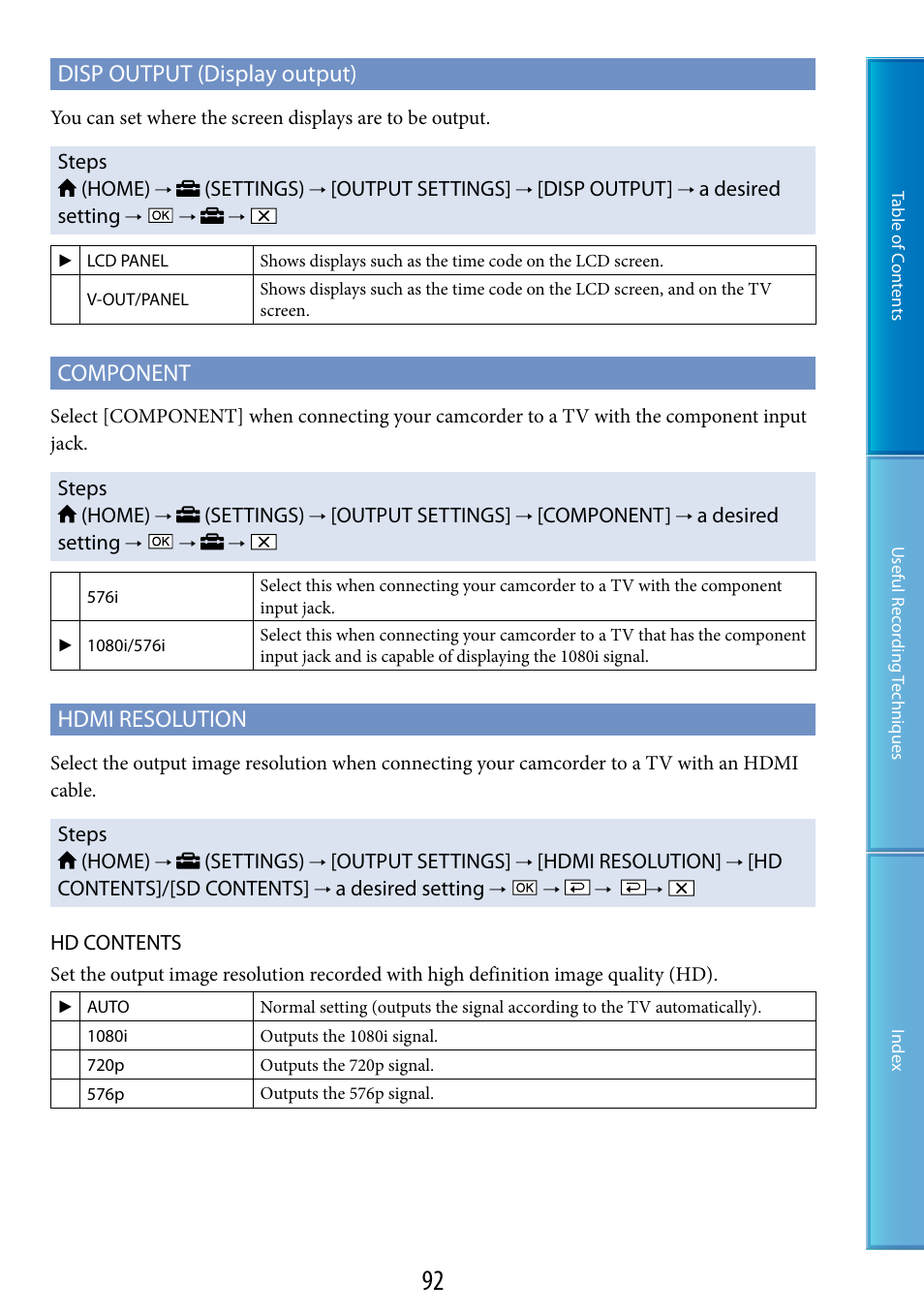Disp output (display output), Component, Hdmi resolution | Sony XR200VE User Manual | Page 92 / 134