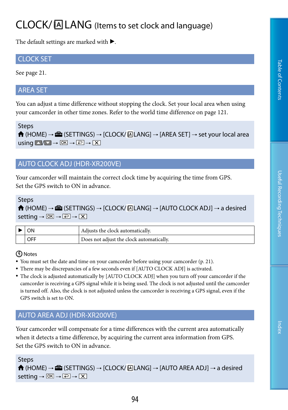 Clock/lang (items to set clock and language), Clock/ lang, Items to set clock and language) | Clock set, Area set, Auto clock adj (hdr-xr200ve), Auto area adj (hdr-xr200ve) | Sony XR200VE User Manual | Page 94 / 134