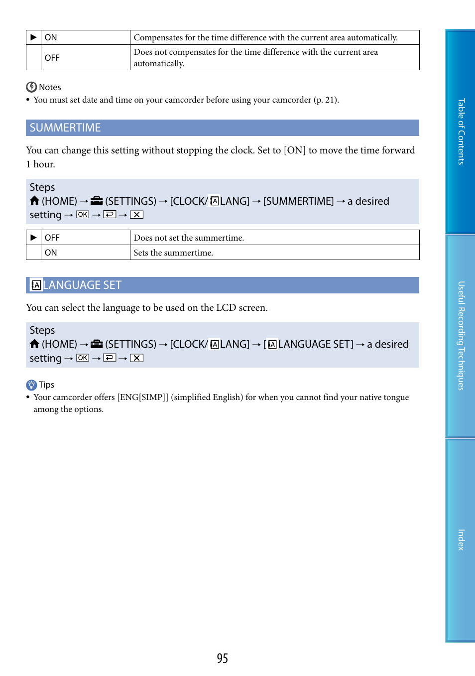 Summertime, Language set | Sony XR200VE User Manual | Page 95 / 134