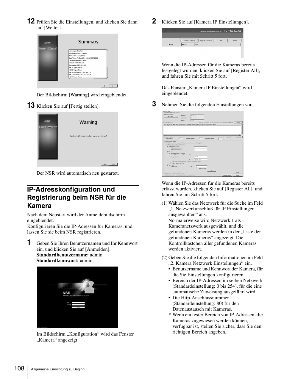 Ip-adresskonfiguration und registrierung, Beim nsr für die kamera | Sony Security Camera User Manual | Page 108 / 204