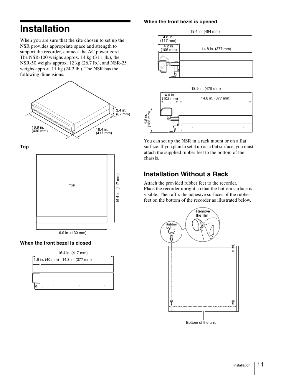 Installation, Installation without a rack | Sony Security Camera User Manual | Page 11 / 204