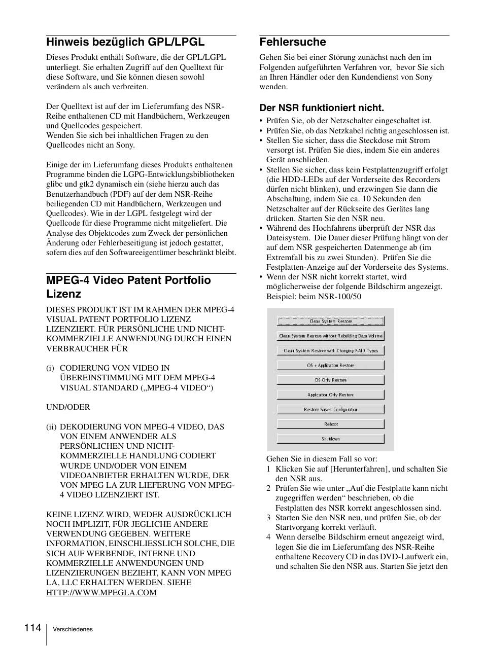 Hinweis bezüglich gpl/lpgl, Mpeg-4 video patent portfolio lizenz, Fehlersuche | Sony Security Camera User Manual | Page 114 / 204