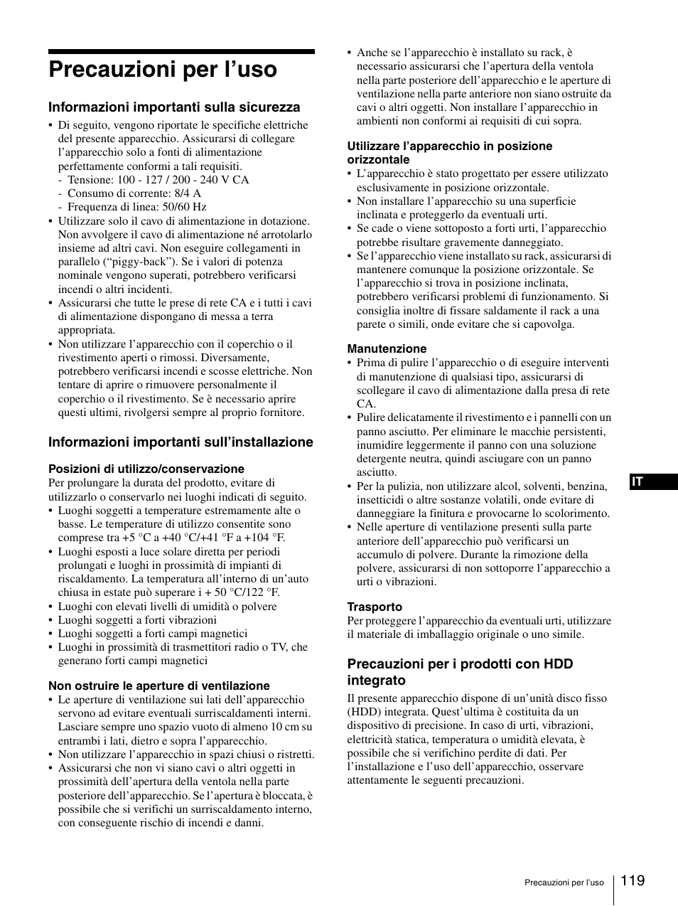 Precauzioni per l’uso | Sony Security Camera User Manual | Page 119 / 204