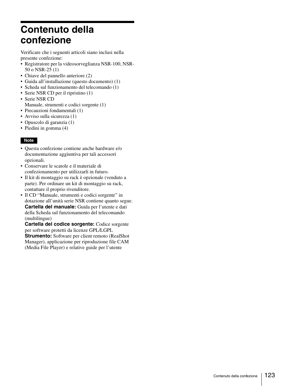 Contenuto della confezione | Sony Security Camera User Manual | Page 123 / 204
