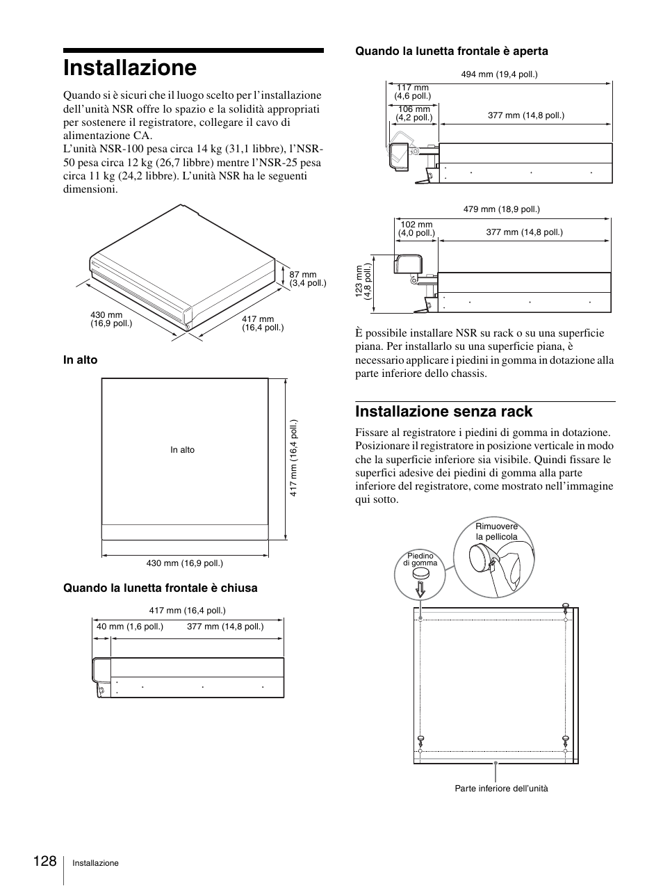 Installazione, Installazione senza rack | Sony Security Camera User Manual | Page 128 / 204