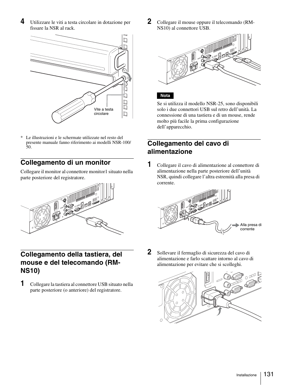 Collegamento di un monitor, Collegamento del cavo di alimentazione, Telecomando (rm-ns10) | Sony Security Camera User Manual | Page 131 / 204