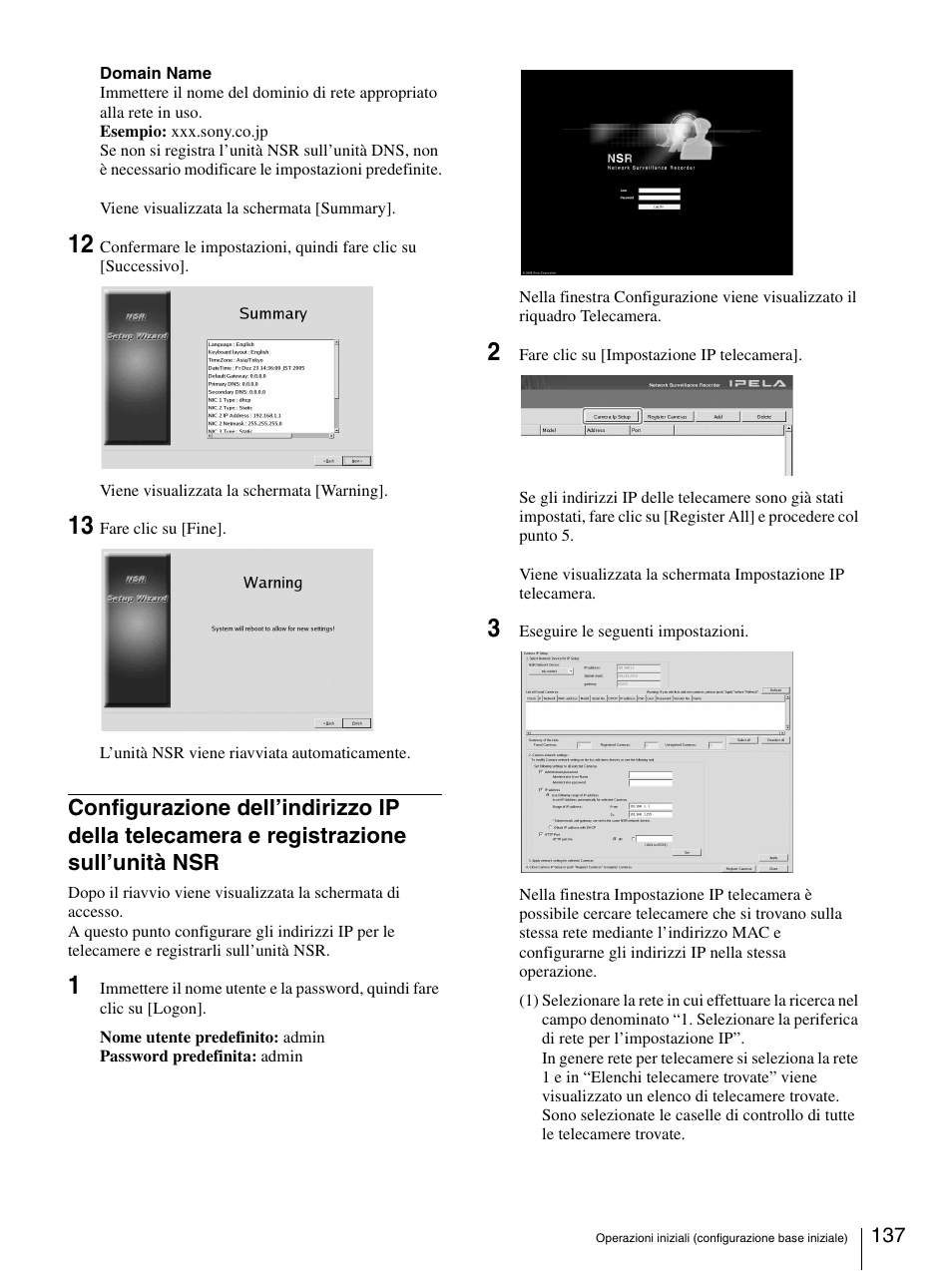 Configurazione dell’indirizzo ip della, Telecamera e registrazione sull’unità nsr | Sony Security Camera User Manual | Page 137 / 204