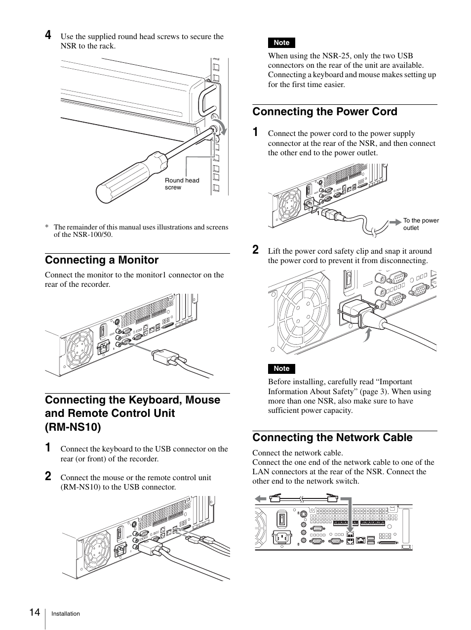 Connecting a monitor, Connecting the power cord, Connecting the network cable | Control unit (rm-ns10) | Sony Security Camera User Manual | Page 14 / 204