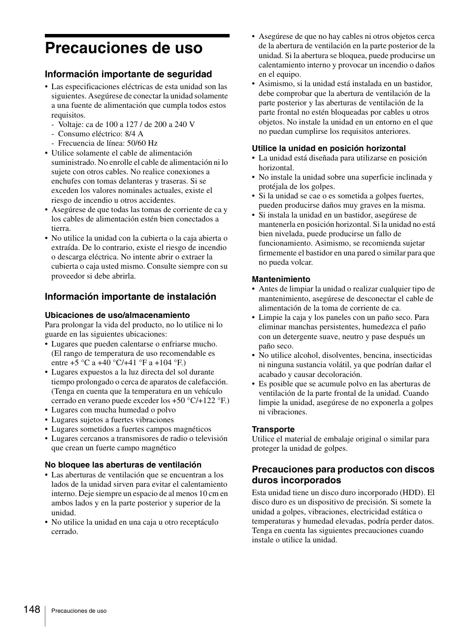 Precauciones de uso | Sony Security Camera User Manual | Page 148 / 204