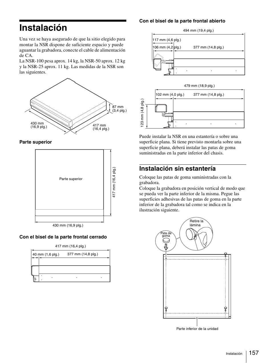 Instalación, Instalación sin estantería | Sony Security Camera User Manual | Page 157 / 204