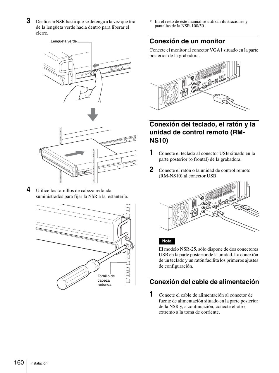Conexión de un monitor, Conexión del cable de alimentación, Control remoto (rm-ns10) | Sony Security Camera User Manual | Page 160 / 204