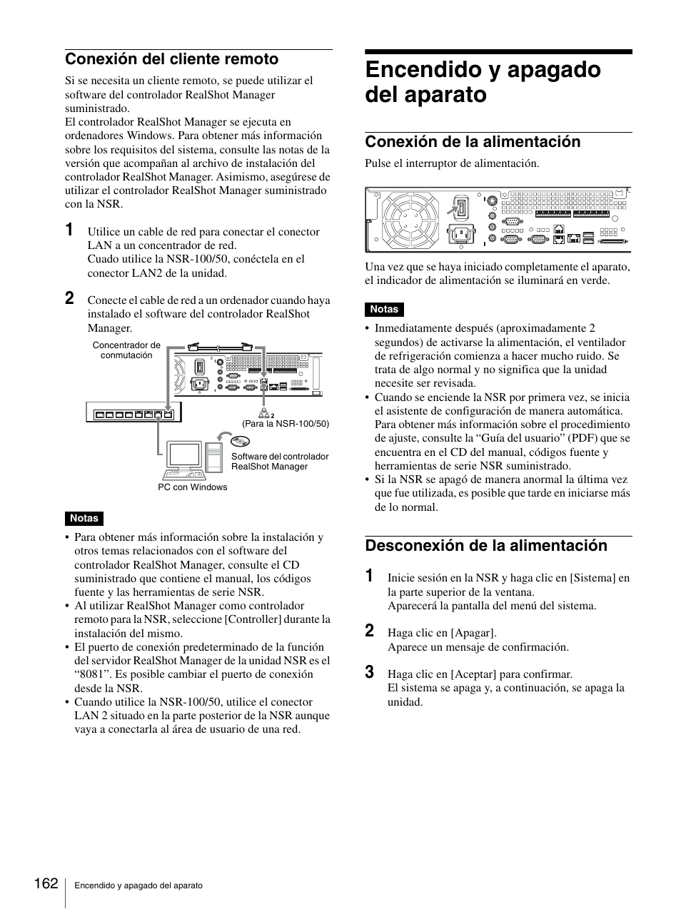 Conexión del cliente remoto, Encendido y apagado del aparato, Conexión de la alimentación | Desconexión de la alimentación | Sony Security Camera User Manual | Page 162 / 204