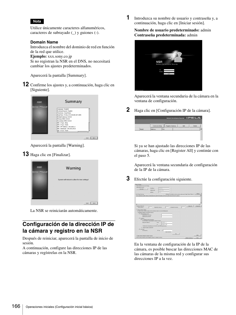 Configuración de la dirección ip de la cámara, Y registro en la nsr | Sony Security Camera User Manual | Page 166 / 204
