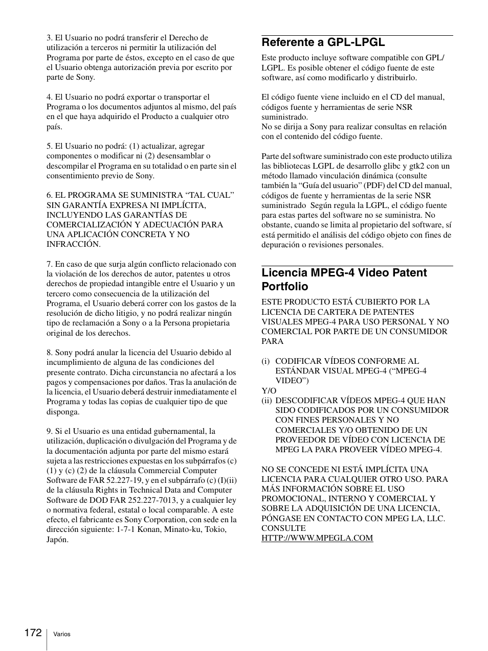 Referente a gpl-lpgl, Licencia mpeg-4 video patent portfolio | Sony Security Camera User Manual | Page 172 / 204