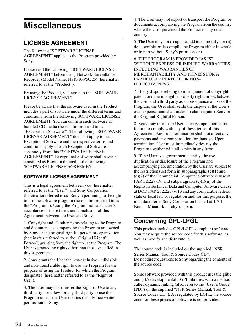 Miscellaneous, License agreement, Concerning gpl-lpgl | License agreement concerning gpl-lpgl | Sony Security Camera User Manual | Page 24 / 204