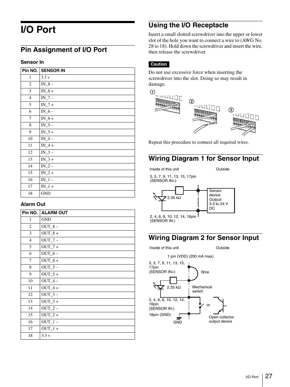 I/o port, Pin assignment of i/o port, Using the i/o receptacle | Wiring diagram 1 for sensor input, Wiring diagram 2 for sensor input | Sony Security Camera User Manual | Page 27 / 204