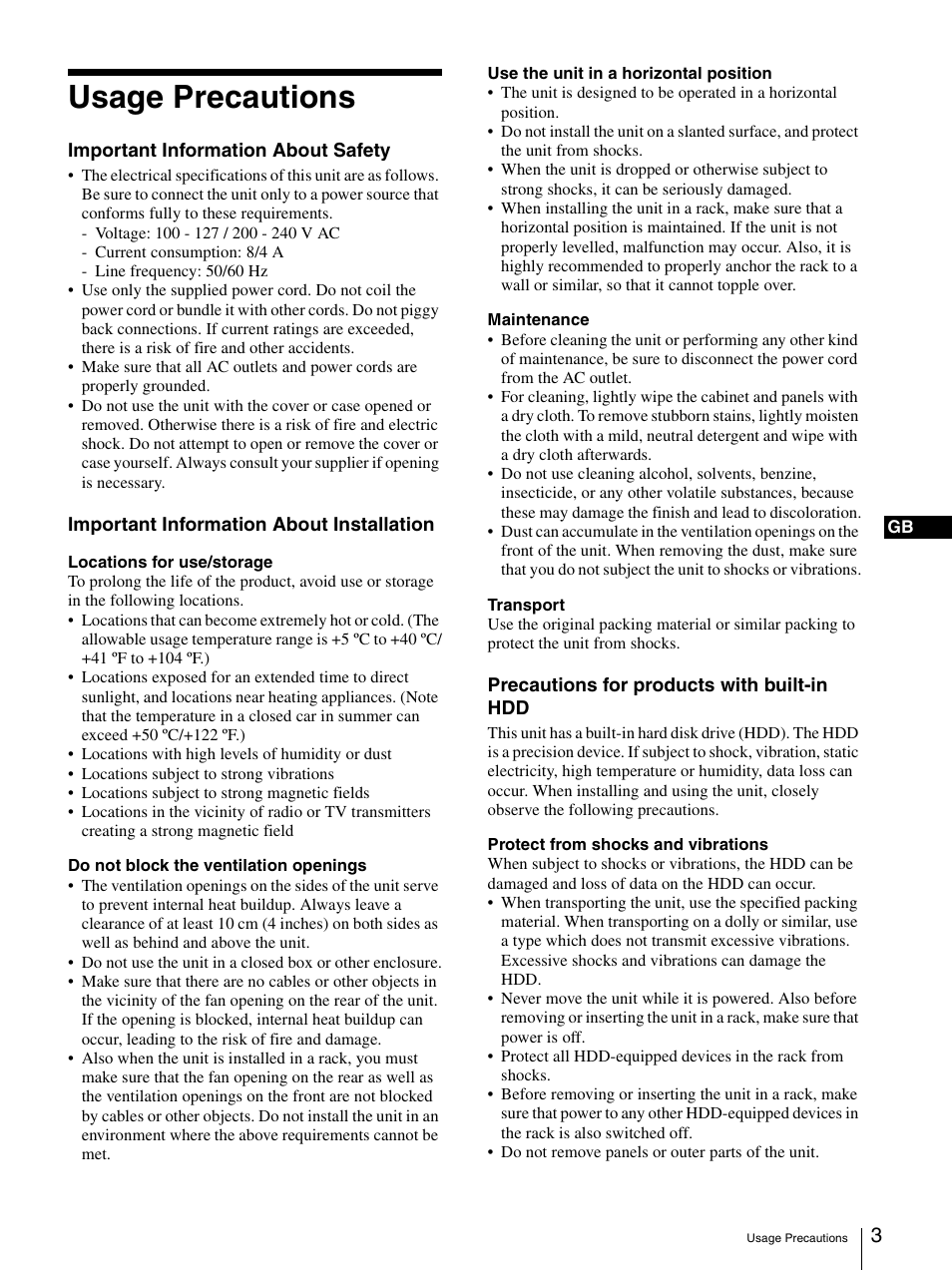 Usage precautions | Sony Security Camera User Manual | Page 3 / 204