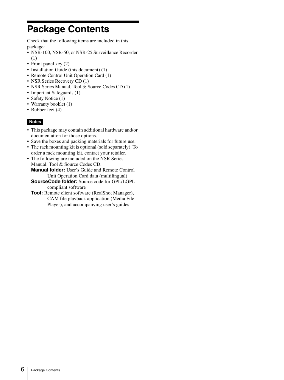 Package contents | Sony Security Camera User Manual | Page 6 / 204