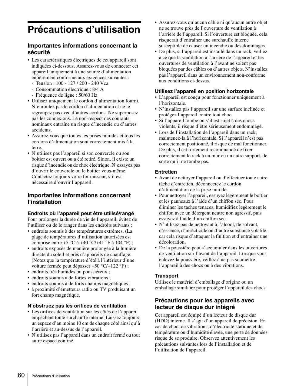Précautions d’utilisation | Sony Security Camera User Manual | Page 60 / 204