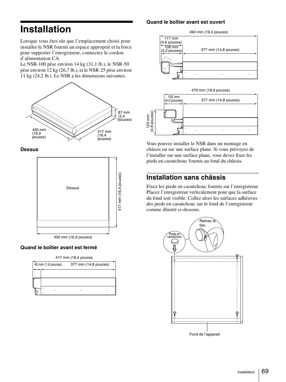 Installation, Installation sans châssis | Sony Security Camera User Manual | Page 69 / 204