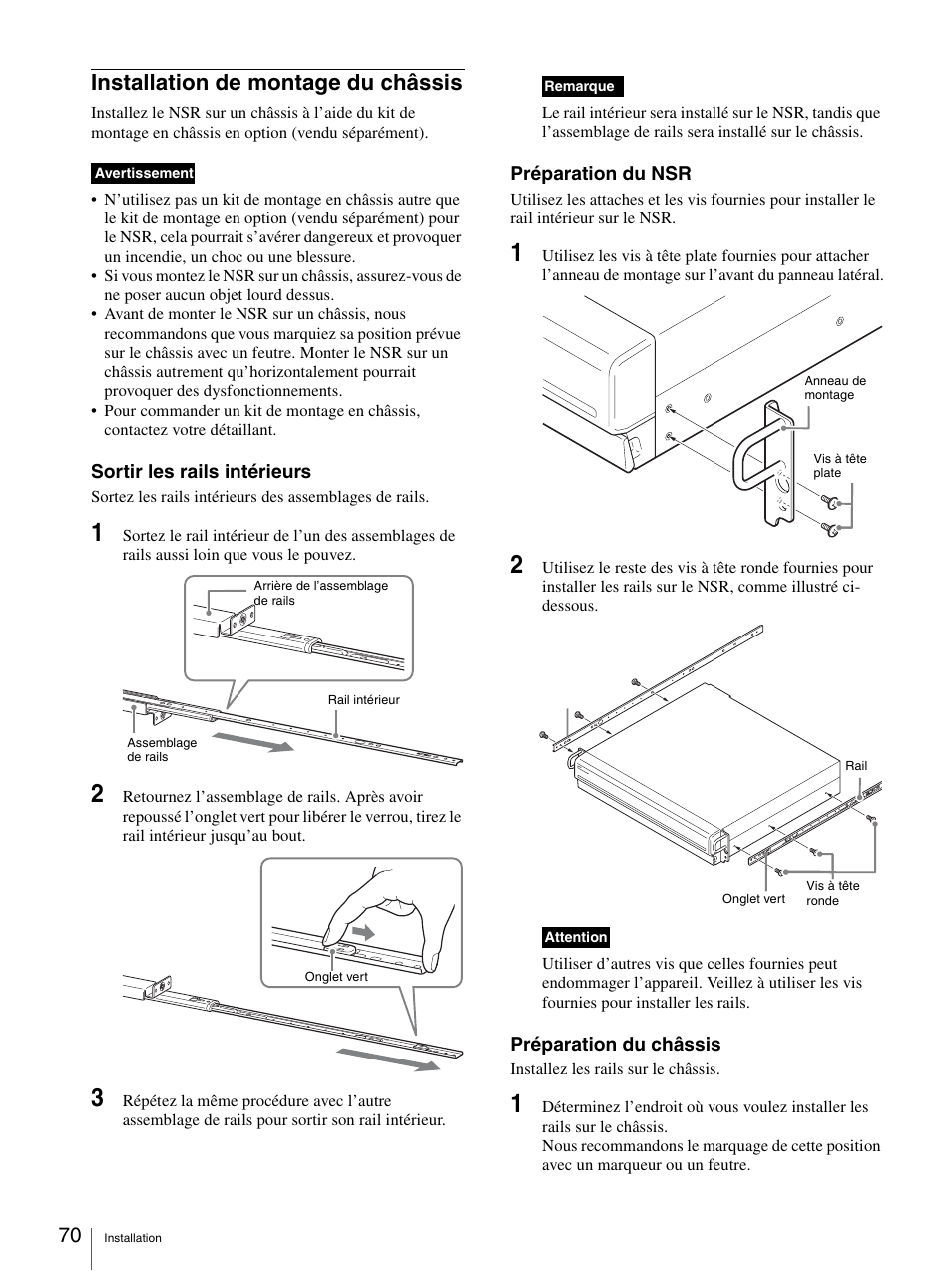 Installation de montage du châssis | Sony Security Camera User Manual | Page 70 / 204
