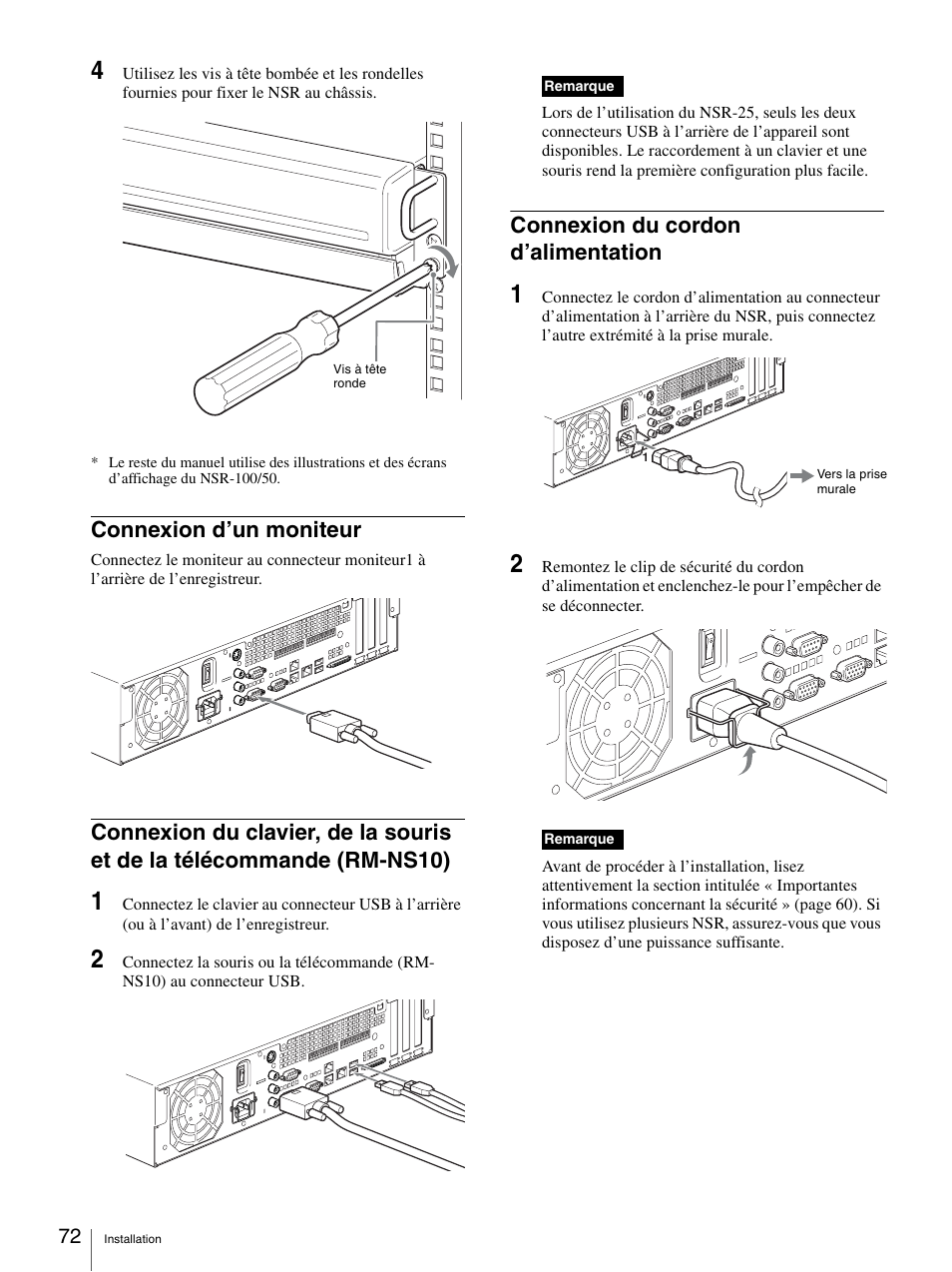 Connexion d’un moniteur, Connexion du cordon d’alimentation, Télécommande (rm-ns10) | Sony Security Camera User Manual | Page 72 / 204