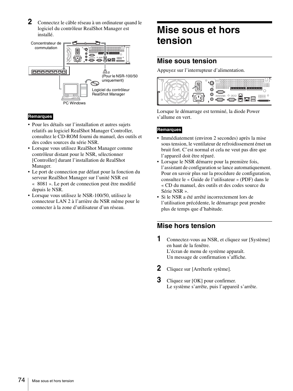 Mise sous et hors tension, Mise sous tension, Mise hors tension | Mise sous tension mise hors tension | Sony Security Camera User Manual | Page 74 / 204