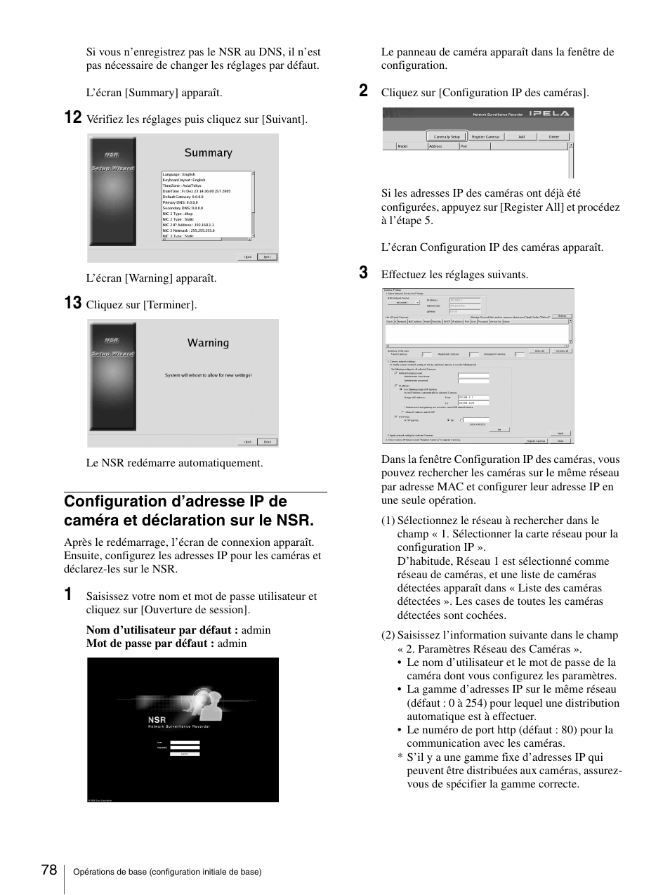 Configuration d’adresse ip de caméra et, Déclaration sur le nsr | Sony Security Camera User Manual | Page 78 / 204