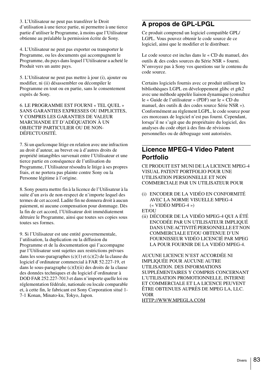 A propos de gpl-lpgl, Licence mpeg-4 video patent portfolio | Sony Security Camera User Manual | Page 83 / 204