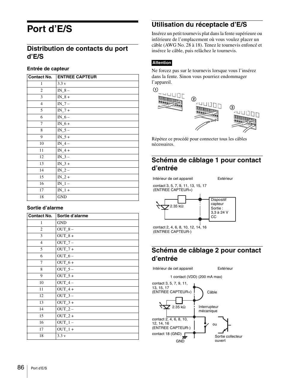 Port d’e/s, Distribution de contacts du port d’e/s, Utilisation du réceptacle d’e/s | Schéma de câblage 1 pour contact d’entrée, Schéma de câblage 2 pour contact d’entrée | Sony Security Camera User Manual | Page 86 / 204