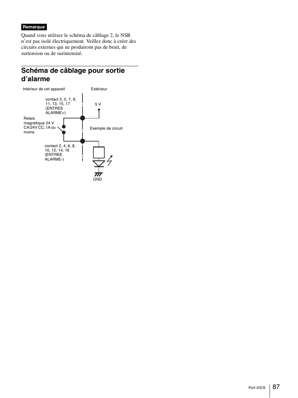 Schéma de câblage pour sortie d’alarme | Sony Security Camera User Manual | Page 87 / 204