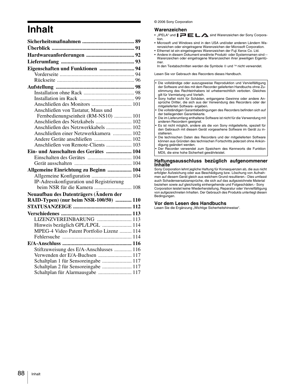 Inhalt | Sony Security Camera User Manual | Page 88 / 204