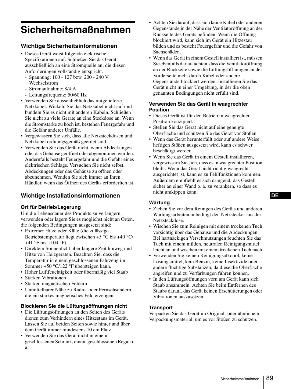 Sicherheitsmaßnahmen | Sony Security Camera User Manual | Page 89 / 204