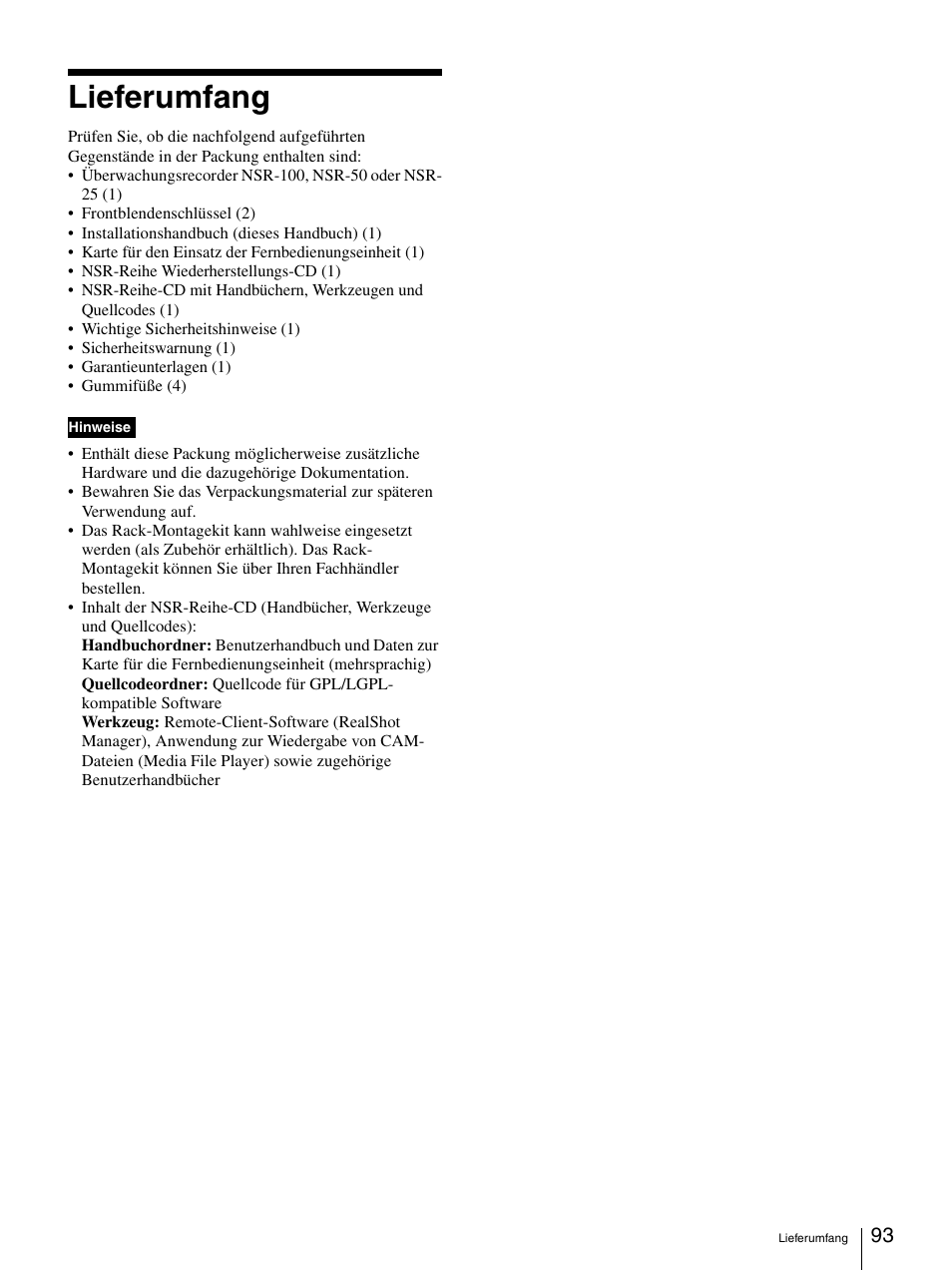 Lieferumfang | Sony Security Camera User Manual | Page 93 / 204