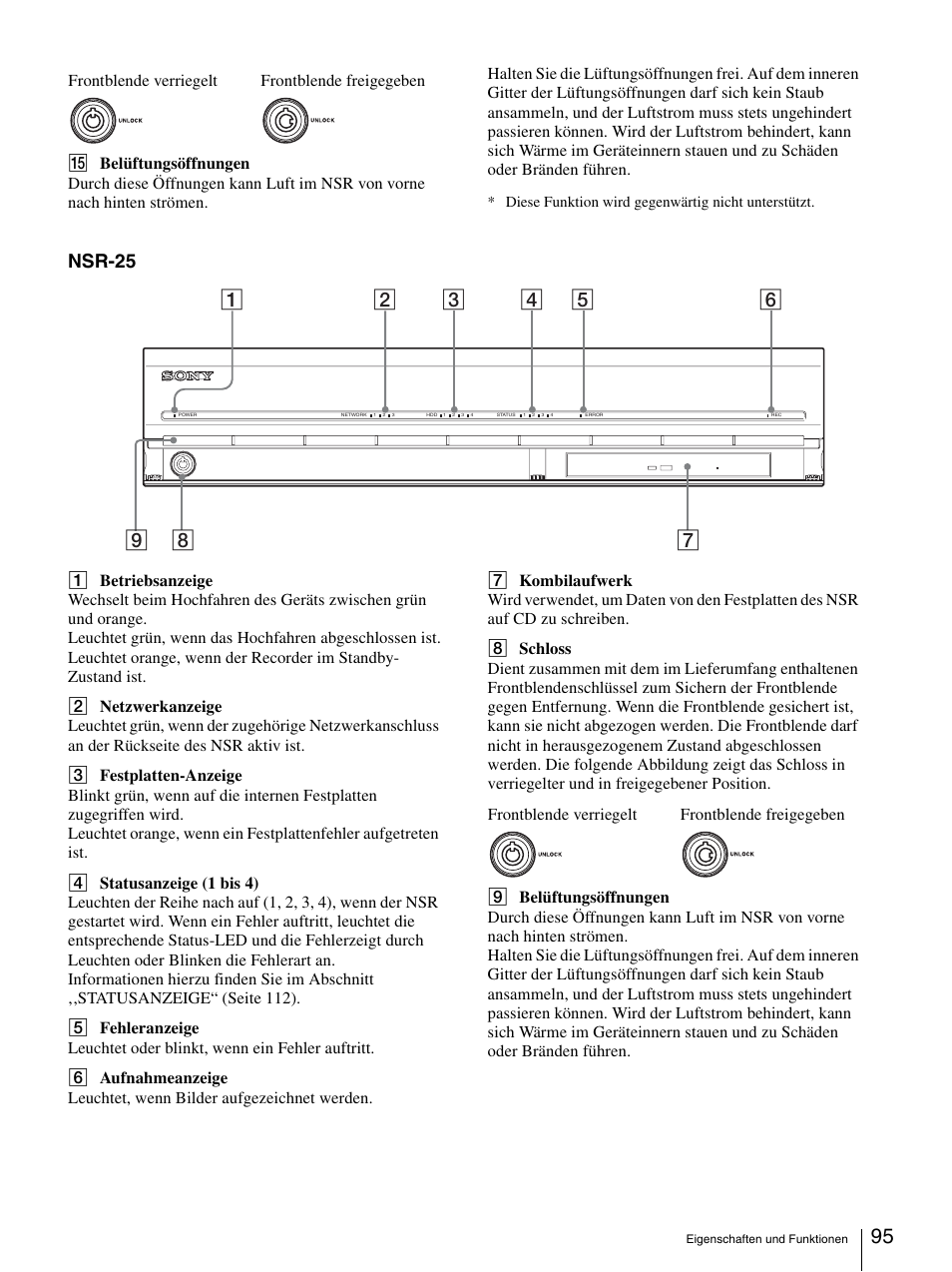 Nsr-25, Frontblende verriegelt frontblende freigegeben | Sony Security Camera User Manual | Page 95 / 204