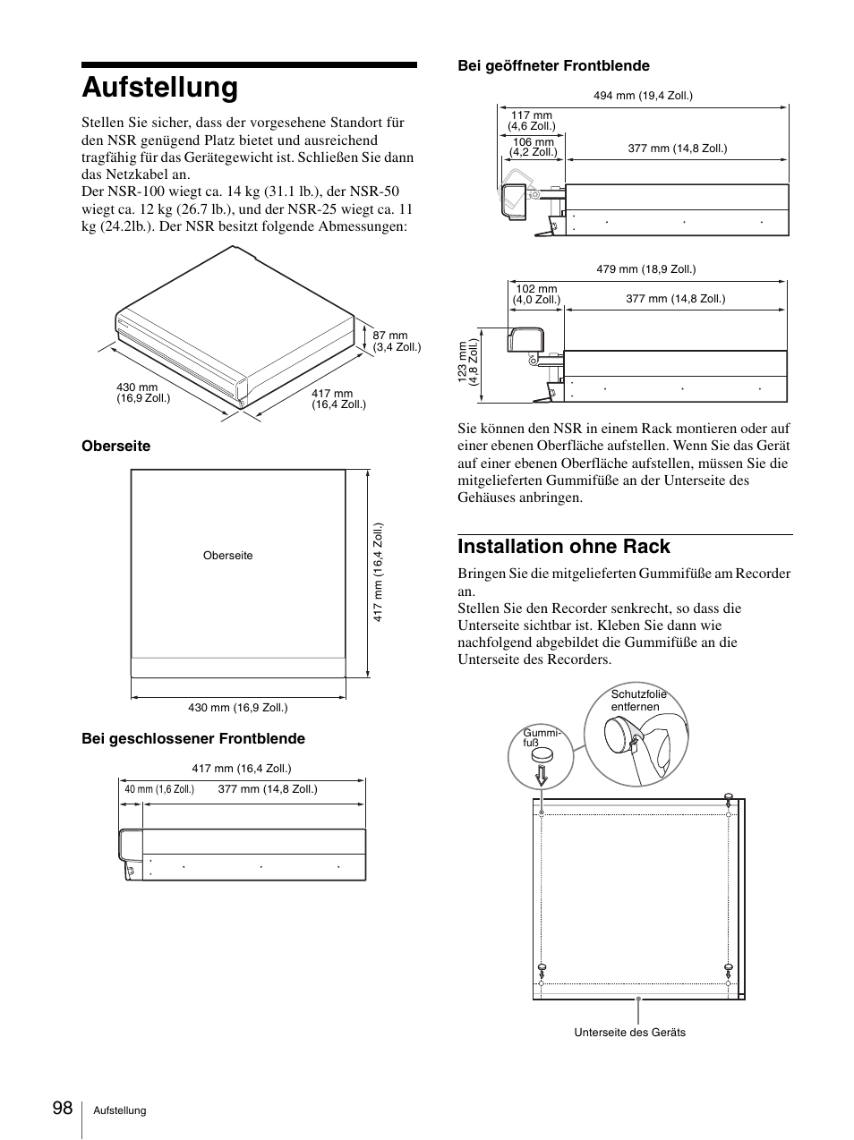 Aufstellung, Installation ohne rack | Sony Security Camera User Manual | Page 98 / 204