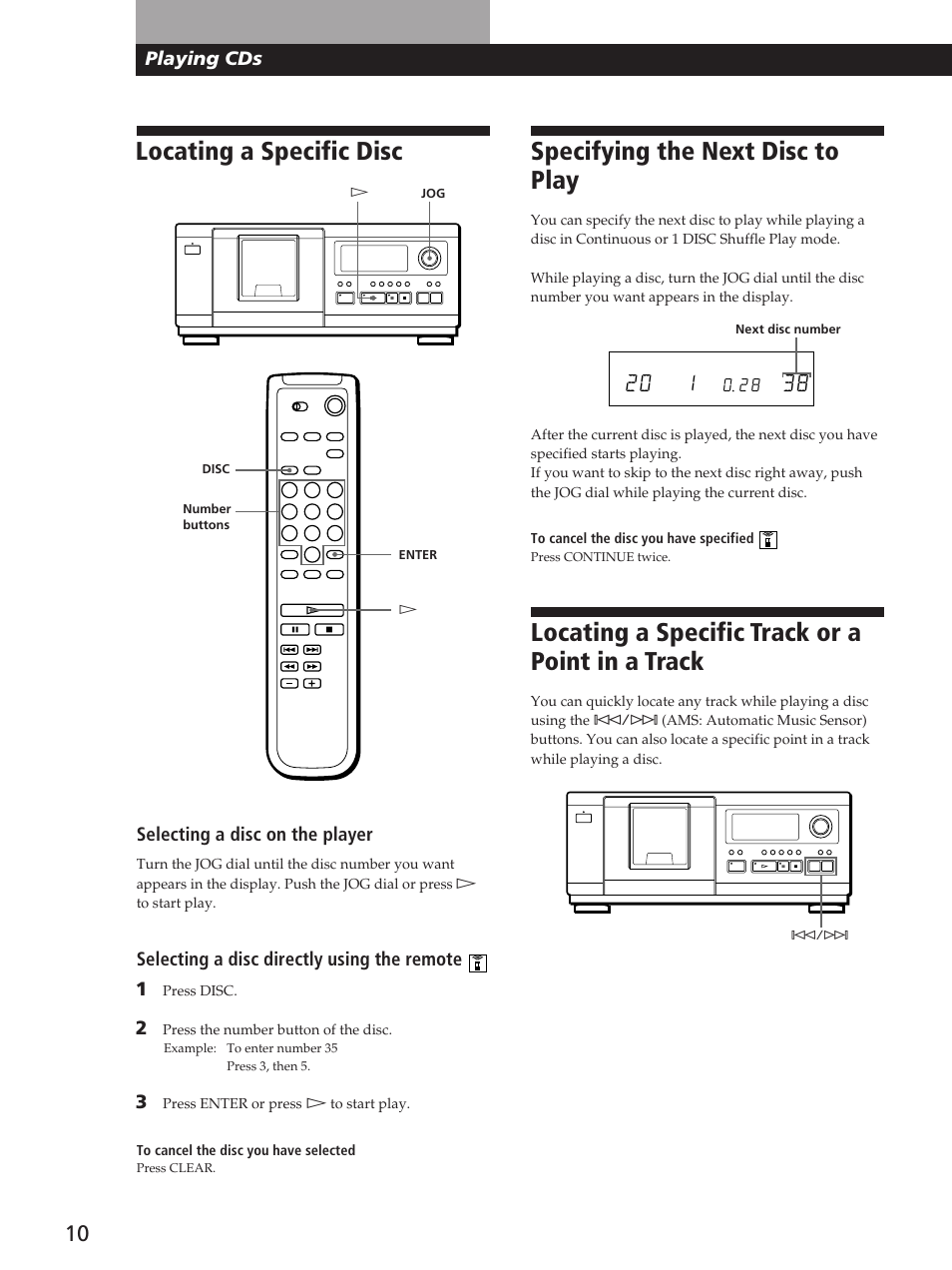 Locating a specific disc, Specifying the next disc to play, Locating a specific track or a point in a track | Playing cds, Selecting a disc on the player, Selecting a disc directly using the remote 1 | Sony CDP-CX53 User Manual | Page 10 / 20