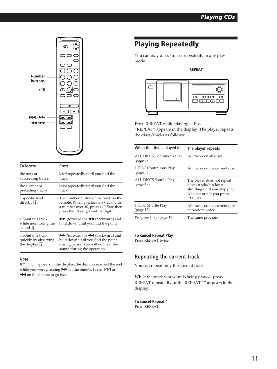 Playing repeatedly, Playing cds getting started, Playing cds | Repeating the current track | Sony CDP-CX53 User Manual | Page 11 / 20