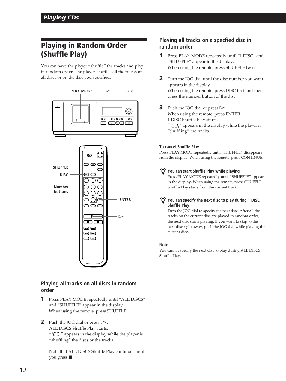 Playing in random order (shuffle play), Playing cds, Playing all tracks on all discs in random order 1 | Sony CDP-CX53 User Manual | Page 12 / 20