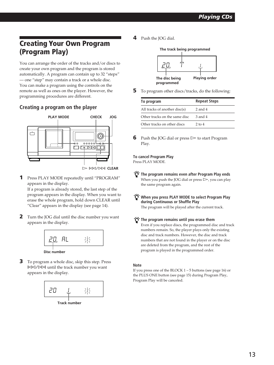 Creating your own program (program play), 20 al, Playing cds getting started | Playing cds, Creating a program on the player | Sony CDP-CX53 User Manual | Page 13 / 20