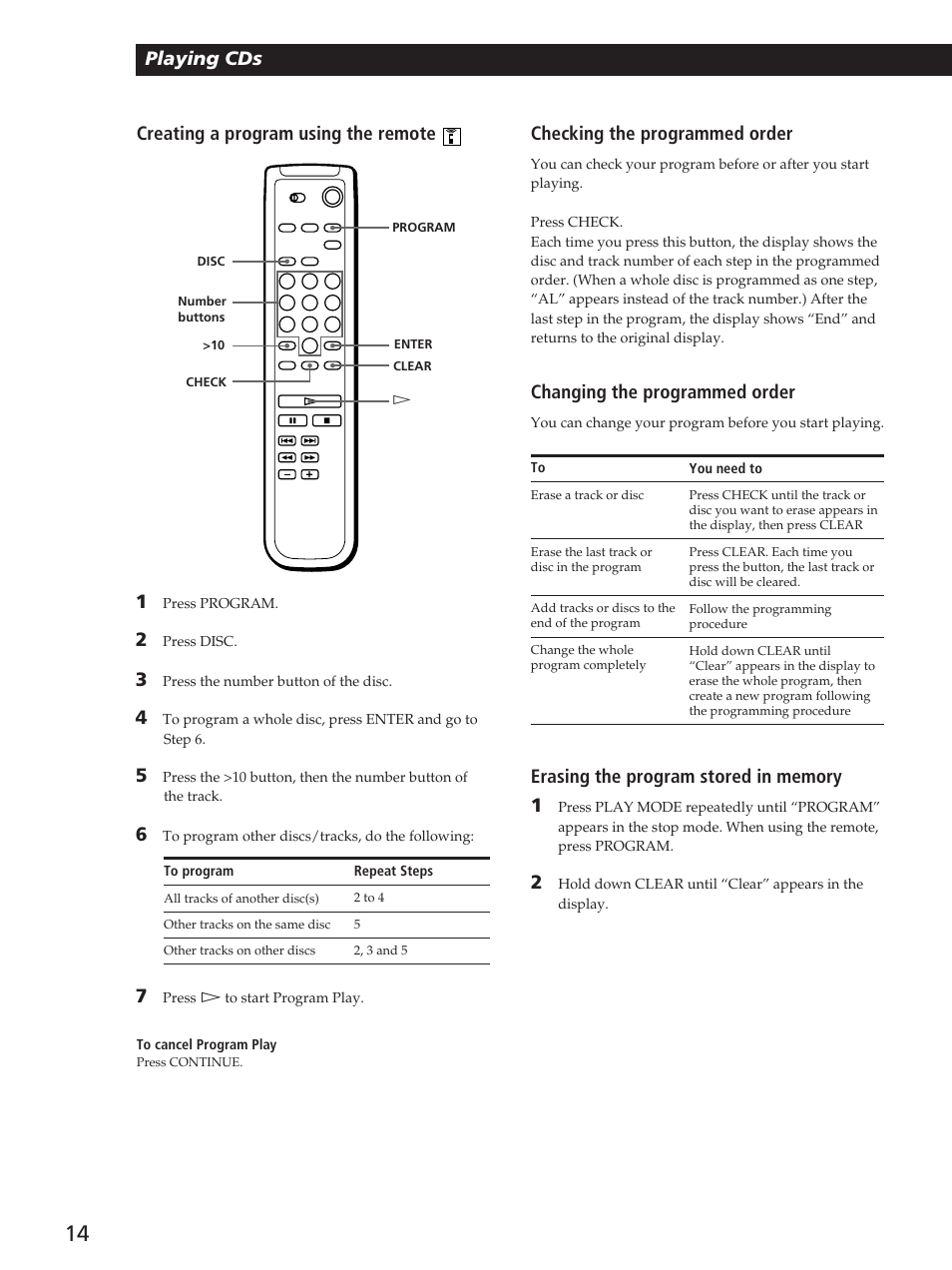 Playing cds changing the programmed order, Checking the programmed order, Creating a program using the remote | Sony CDP-CX53 User Manual | Page 14 / 20